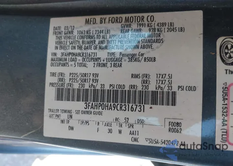 2012 Ford Fusion Se z USA, uszkodzony, nr VIN 3FAHP0HA9CR316731